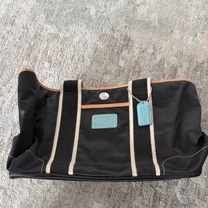 Coach Black Duffel with Tan Trim and Light Blue Accents